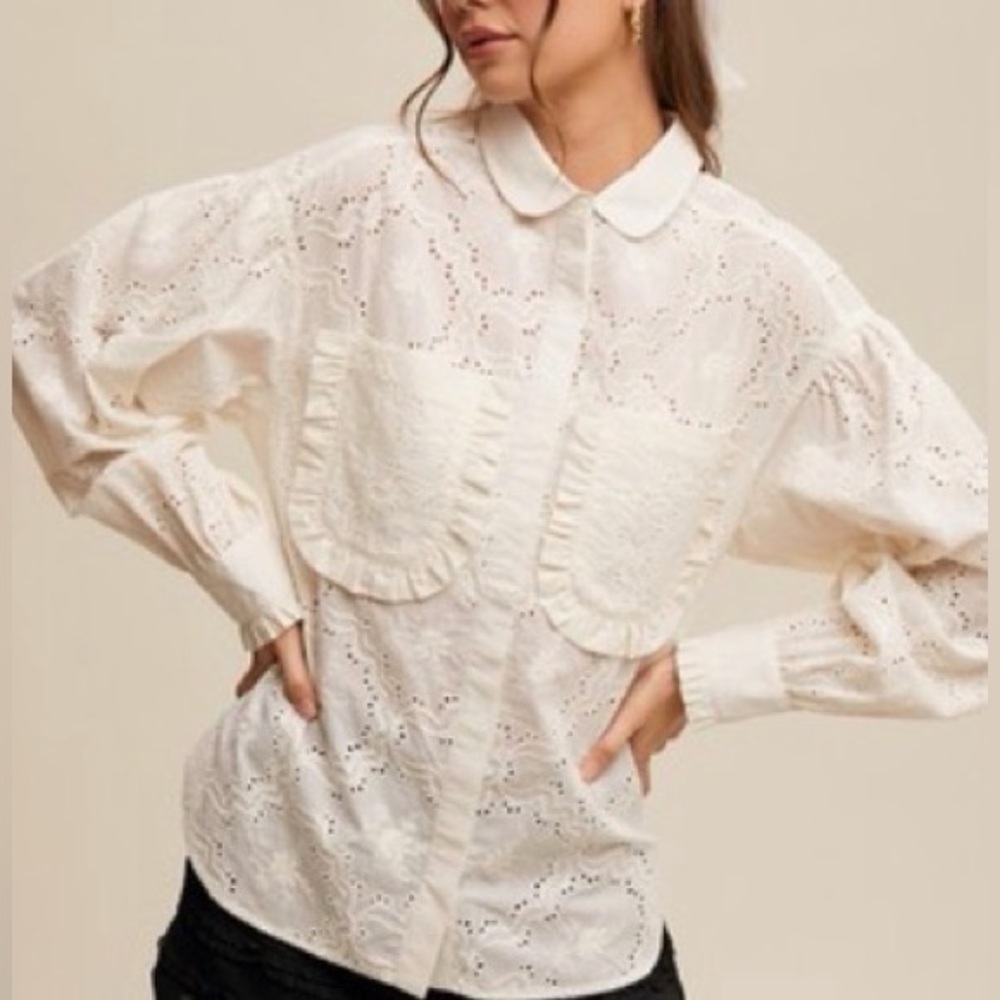 Elegant White Eyelet Ruffle Button Up Blouse